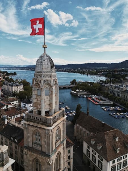 Church tower above the river in Zurich
