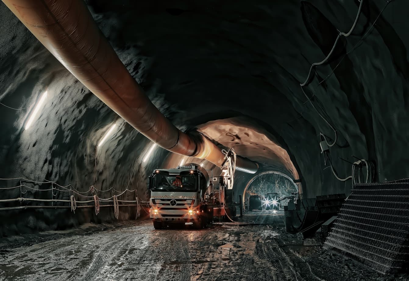 Truck driving through an underground mine tunnel